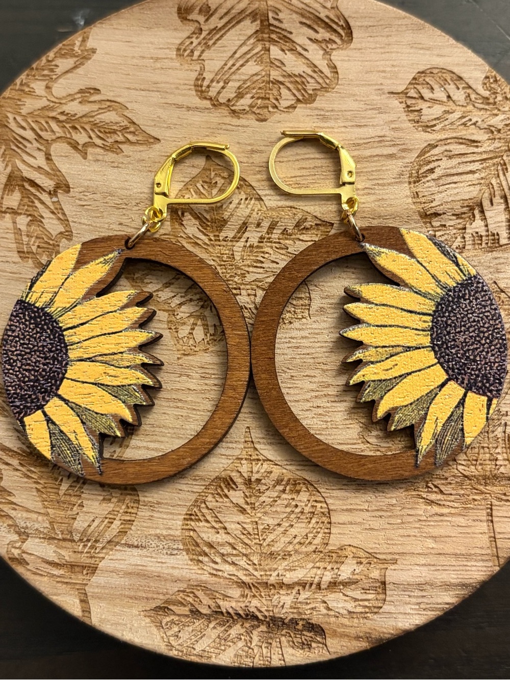 Sunflower Wooden Drop Earrings - Yellow - Picture 2 of 3